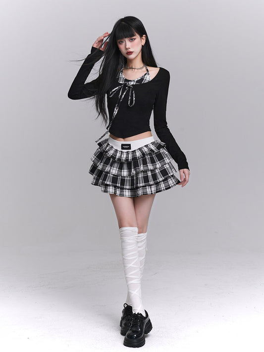 Black & White Plaid Puff Cake Skirt Set