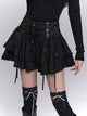 Black punk skirt with tiered ruffle hem, lace-up front panel and cross charm