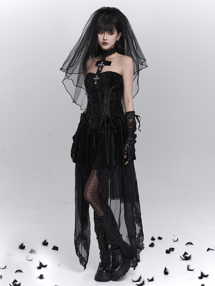 Black strapless corset top with embellished sweetheart neckline and front panels