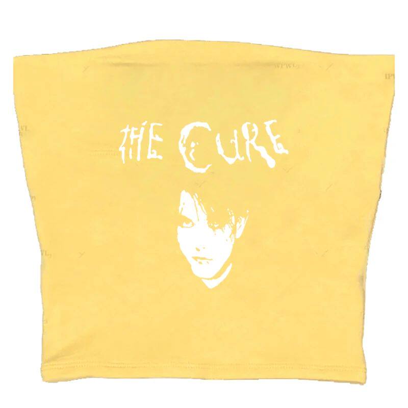 Yellow sleeveless graphic cami, back view with The Cure logo and face print