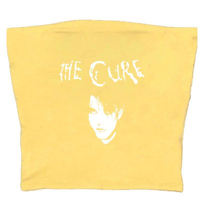 Yellow sleeveless graphic cami, back view with The Cure logo and face print