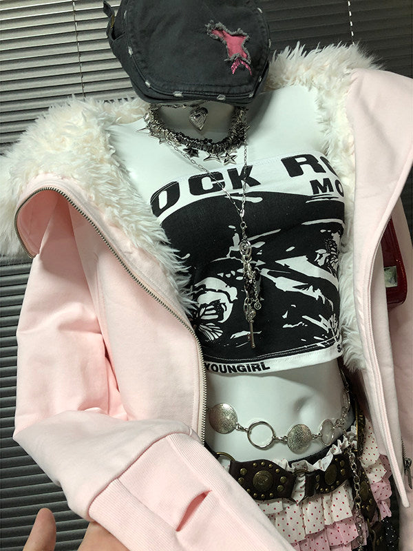 Pink hooded zip-up sweatshirt close-up with white fur-trim collar and zipper