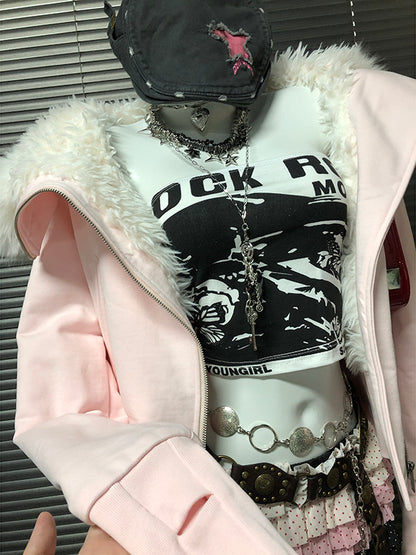 Pink hooded zip-up sweatshirt close-up with white fur-trim collar and zipper