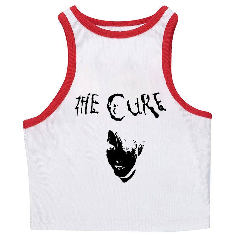 White sleeveless graphic cami with red trim straps and band logo front print