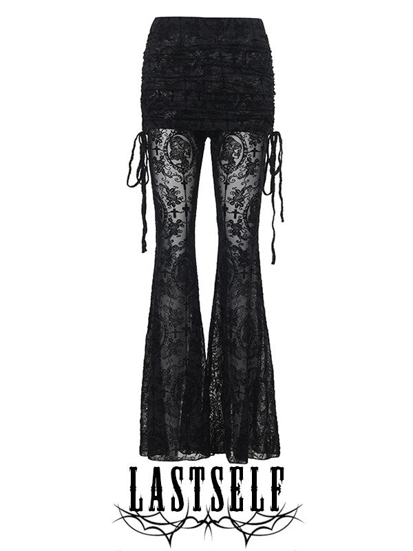 Black mesh flocked culottes with ruched yoke and dangling side tassels
