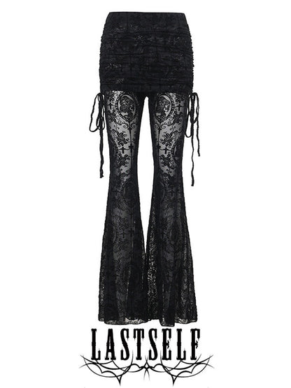 Black mesh flocked culottes with ruched yoke and dangling side tassels