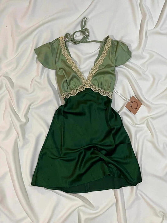 Green Lace V-Neck Mini Dress