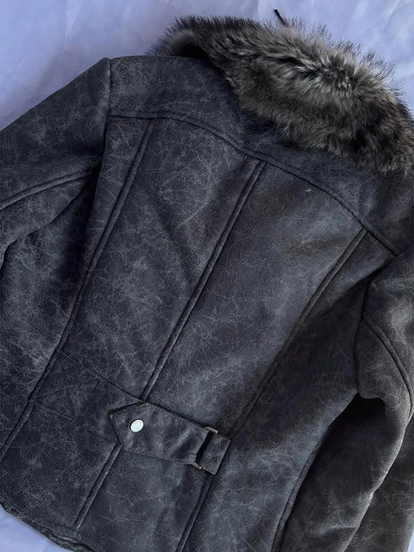 Gray motorcycle jacket with fur collar, seam panels, and chest strap with snap