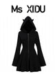 Black hooded zip-up sweater with flared bell sleeves and front zipper