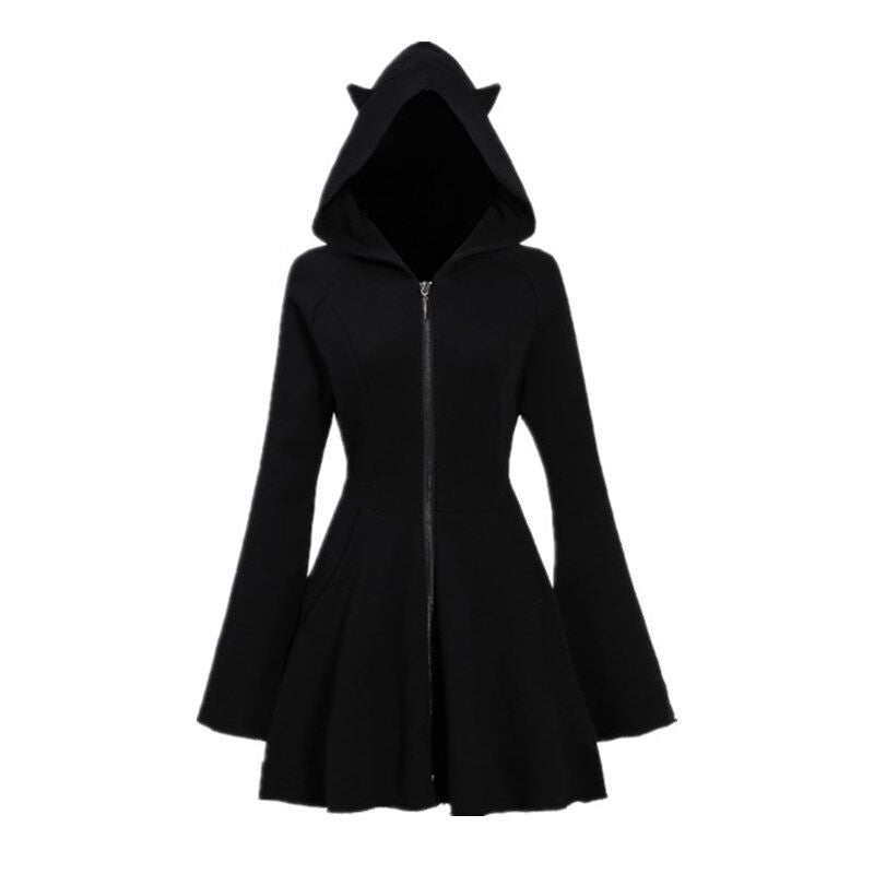 Black hooded zip-up sweater with pointed hood and bell-shaped sleeves