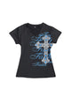 Black V-neck T-shirt with blue and gray cross and rose graphic on front