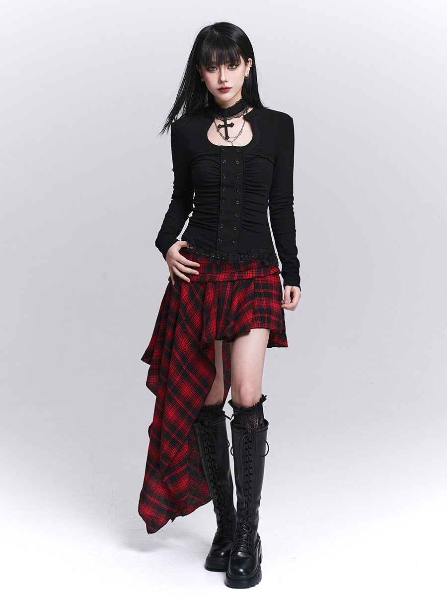 Black long-sleeved fitted top with keyhole neckline and button-front detail