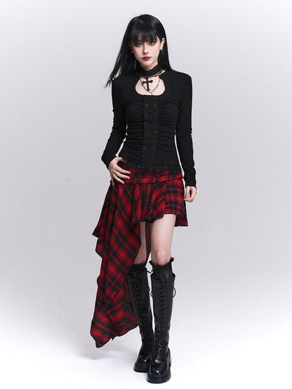 Black long-sleeved fitted top with keyhole neckline and button-front detail