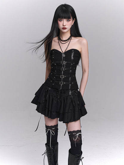 Black strapless bandeau corset top with buckles and studded detailing