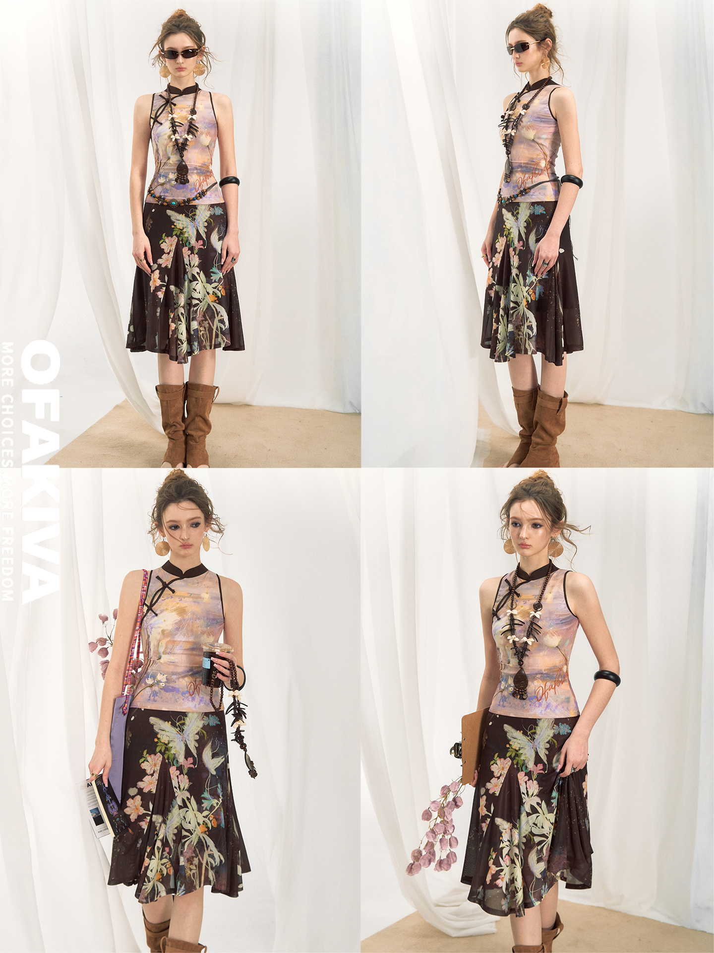Knit top and half skirt set with crisscross black neck ties, butterfly floral print