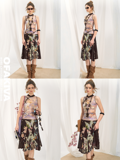 Knit top and half skirt set with crisscross black neck ties, butterfly floral print