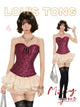 Burgundy corset with black ruffle trim, button-front closure and sweetheart neckline
