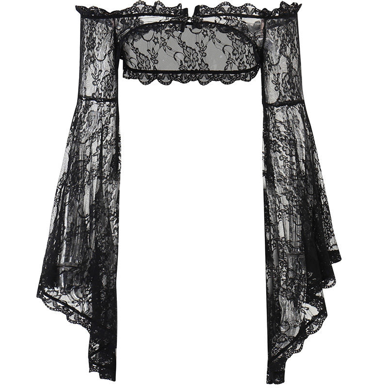 Black lace one-shoulder blouse with flared sleeves and scalloped neckline edging