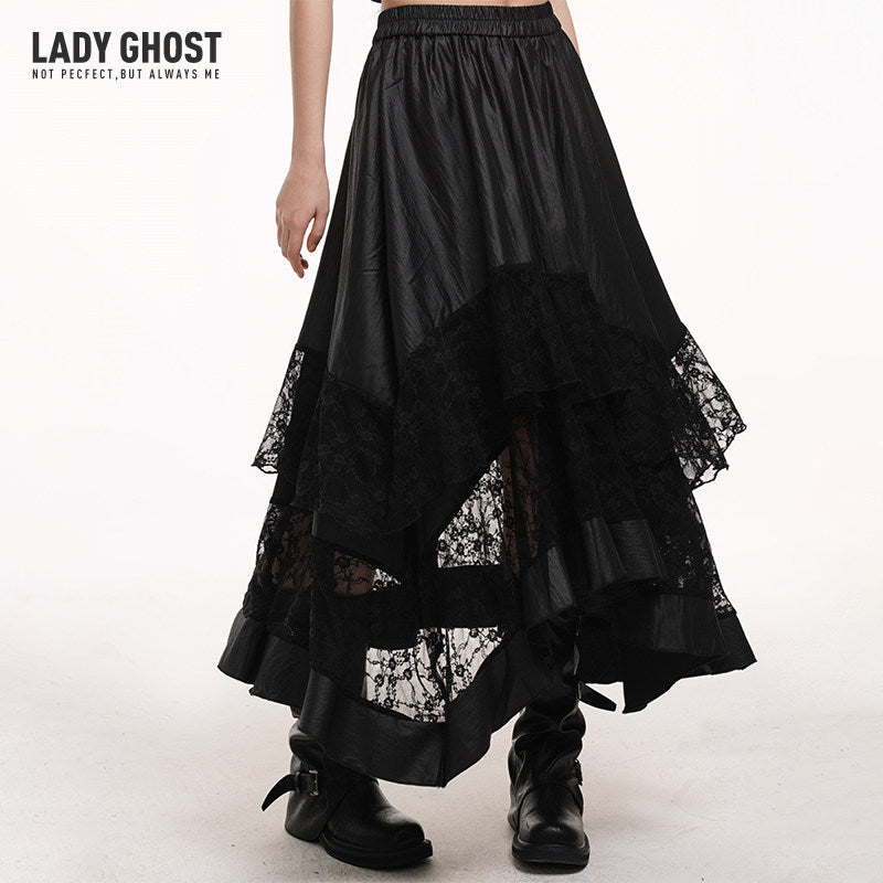 Black irregular tiered maxi skirt with elastic waist and lace-trim layered tiers at bottom