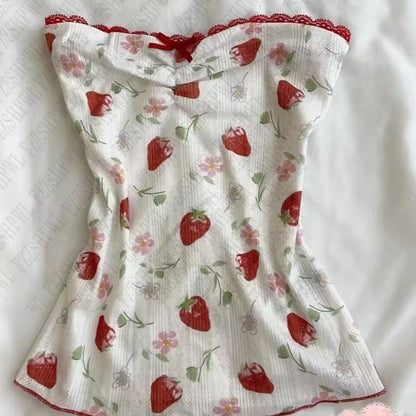 Strawberry print mini dress with red bow and ruffled trim