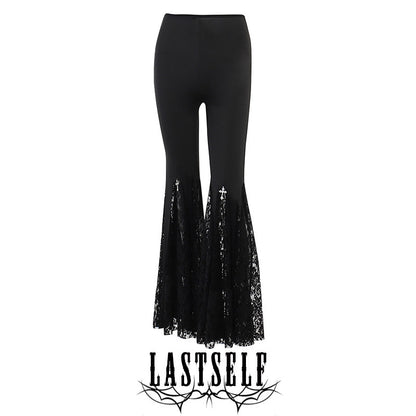 High-rise black pants with lace-trim bell hem and small cross-like embroidered accents