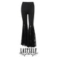 High-rise black pants with lace-trim bell hem and small cross-like embroidered accents