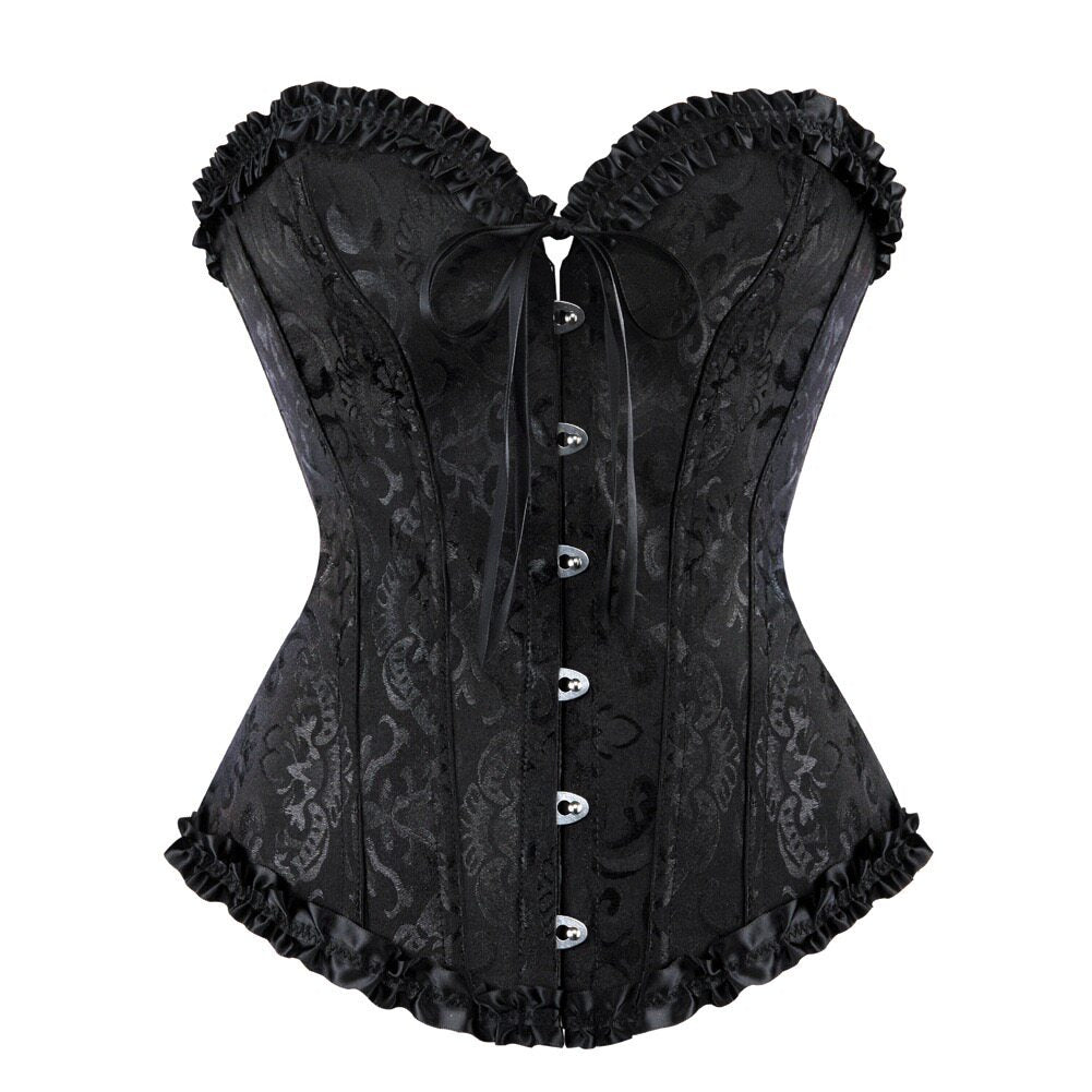 Black corset with ornate pattern, ruffle-trim shoulders, button-front closure