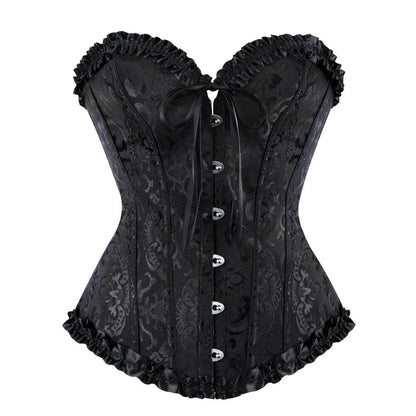 Black corset with ornate pattern, ruffle-trim shoulders, button-front closure