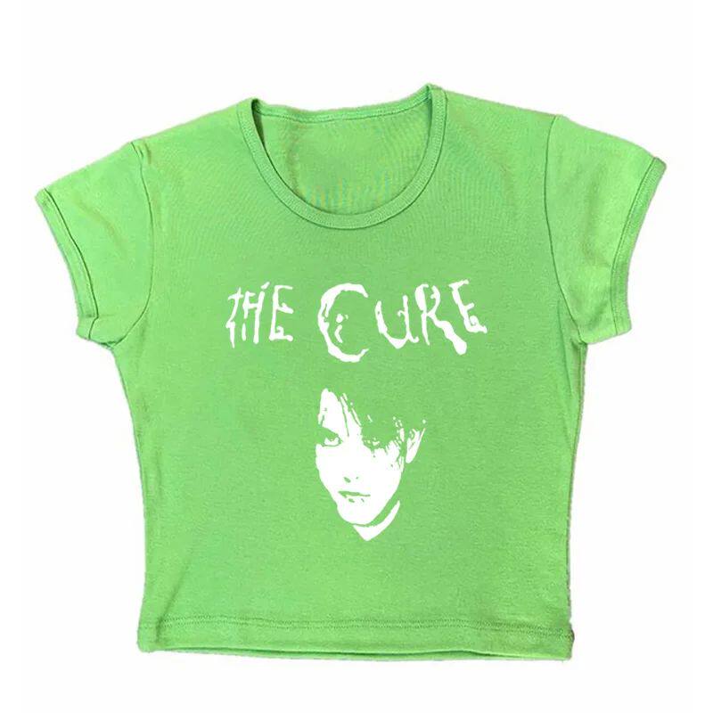 Green graphic tee with white The Cure logo and portrait print