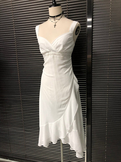 White chiffon camisole dress, draped wrap bust and tapered waist with asymmetric skirt