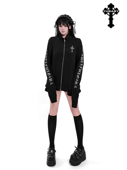 Black zip-up cardigan with front cross emblem and printed long sleeves, ruffled cuffs