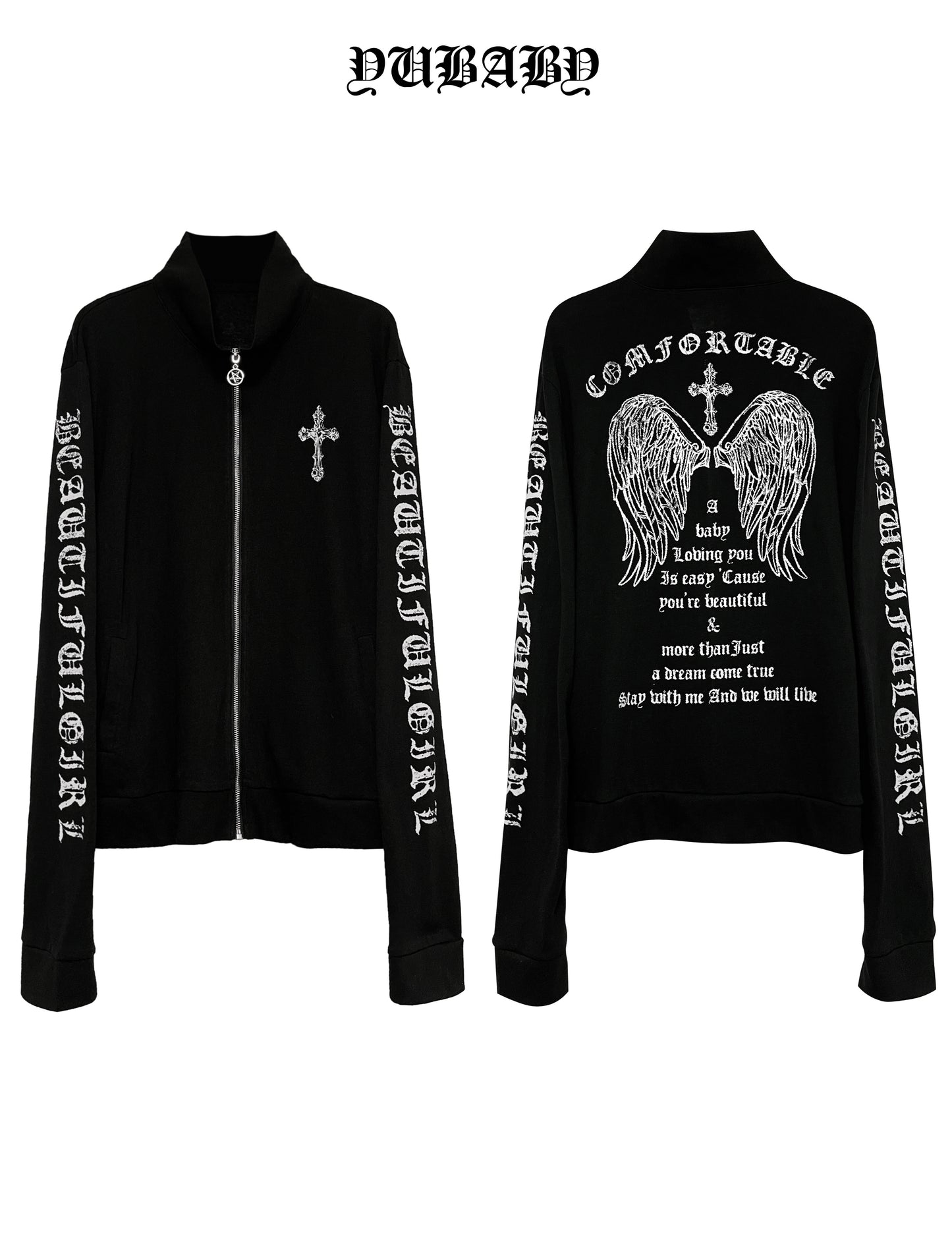 Black zip-up cardigan front and back view, cross chest and winged cross back graphic