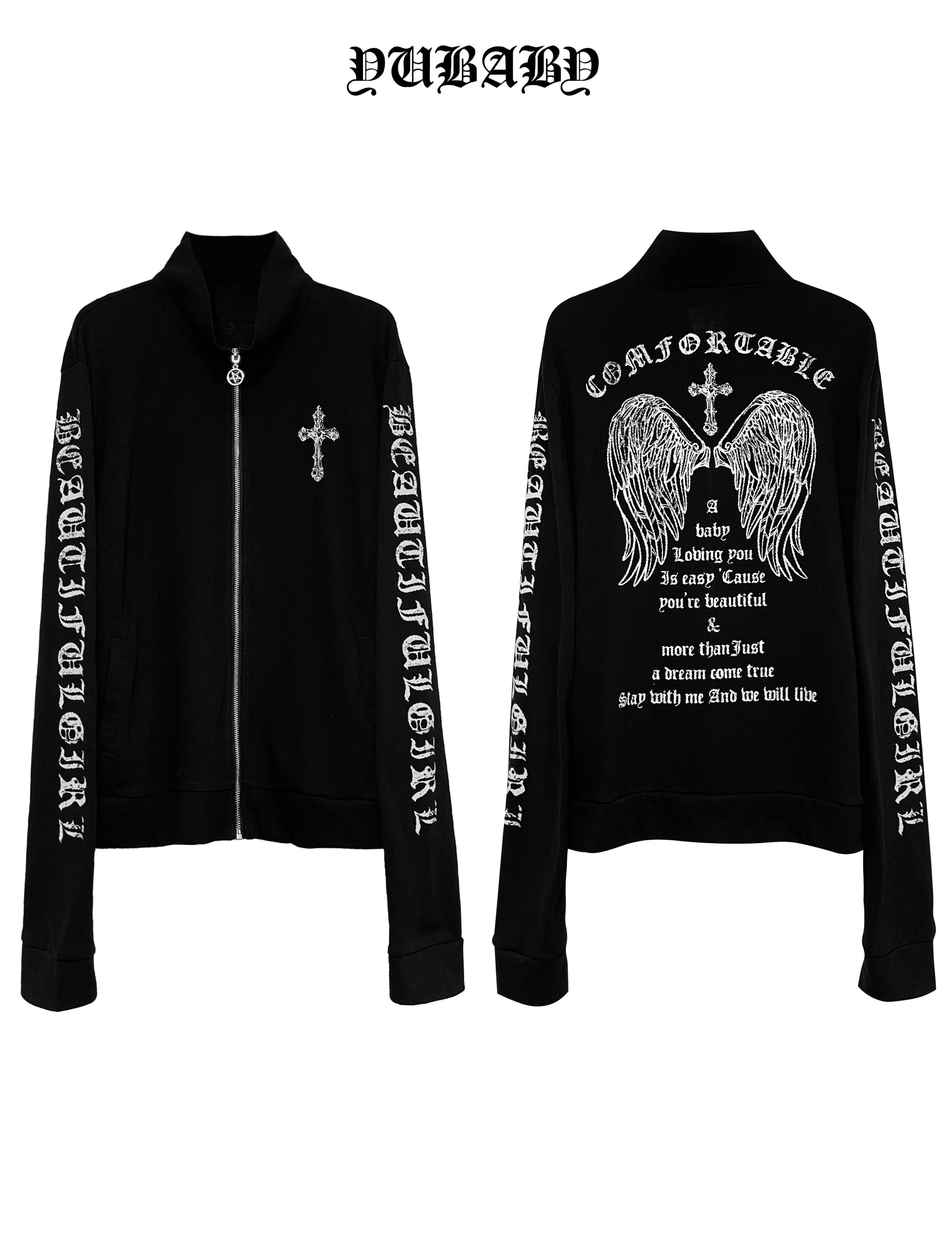 Black zip-up cardigan front and back view, cross chest and winged cross back graphic