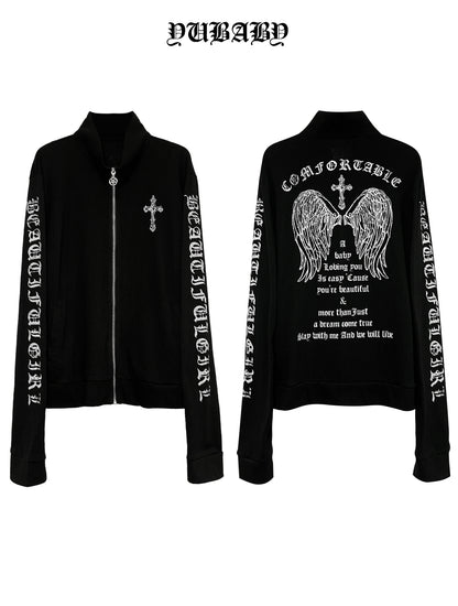 Black zip-up cardigan front and back view, cross chest and winged cross back graphic