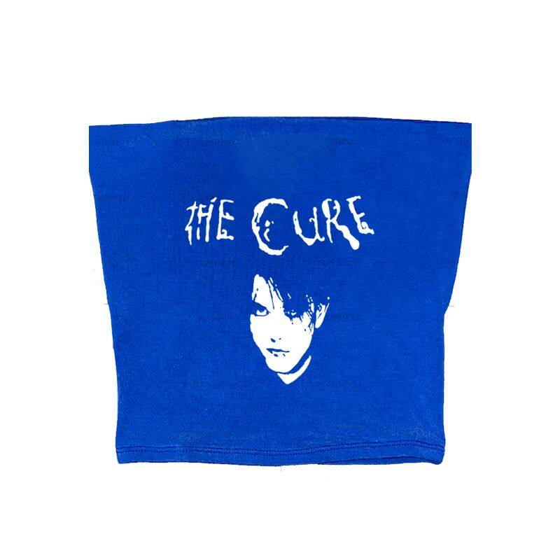 Blue sleeveless graphic cami with white The Cure logo and portrait print
