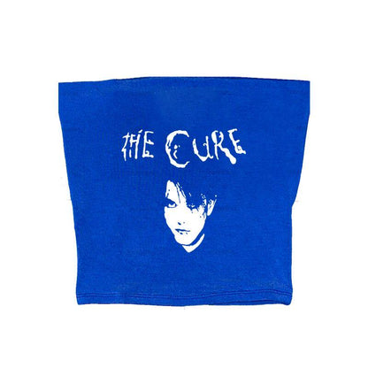 Blue sleeveless graphic cami with white The Cure logo and portrait print