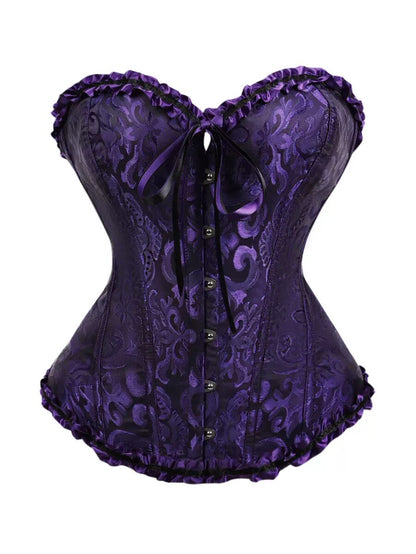Dark purple corset with lace pattern and bow at bust, button-front closure