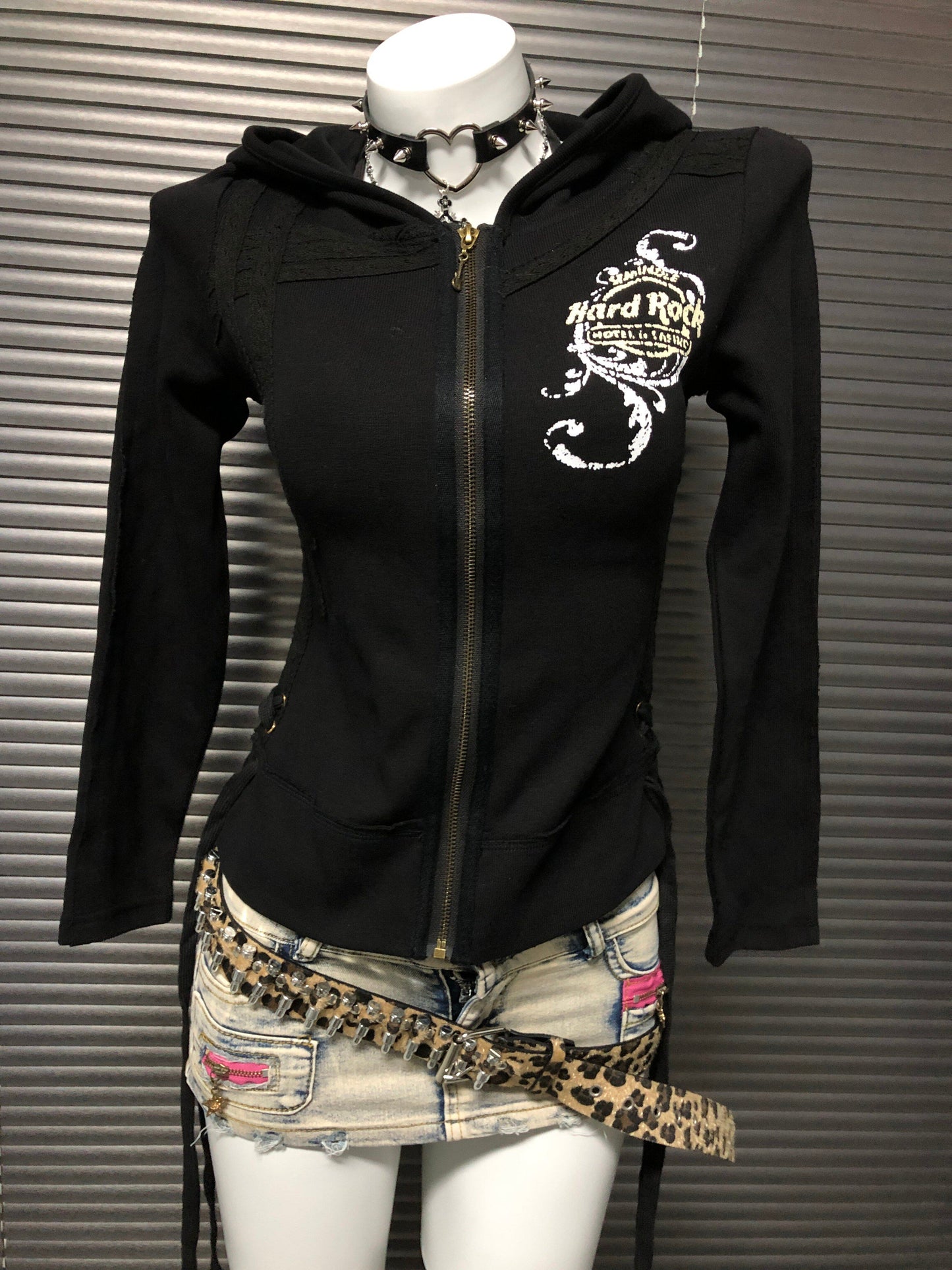 Black zip-up hooded sweatshirt jacket with large chest logo print