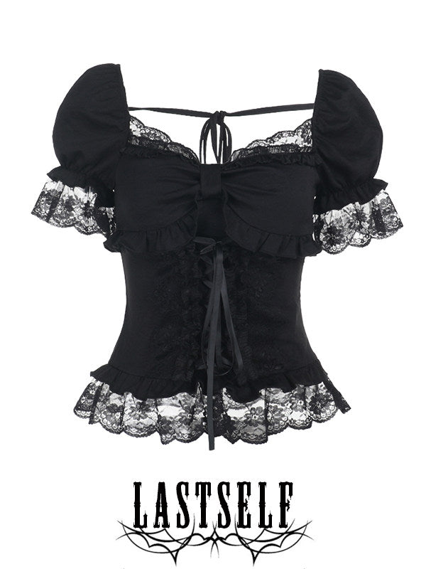 Black lace-up square-neck corset top with ruffled sleeves and lace hem
