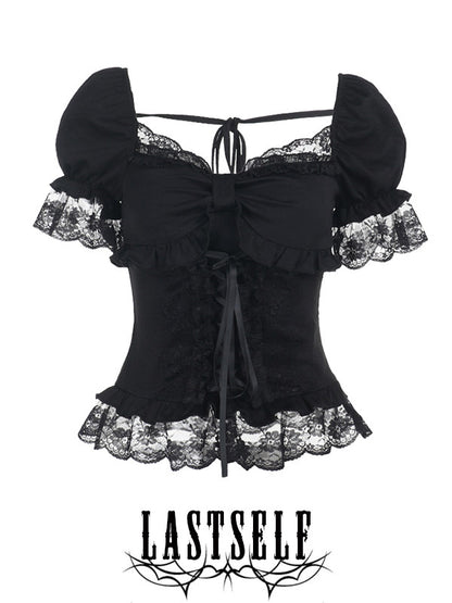Black lace-up square-neck corset top with ruffled sleeves and lace hem