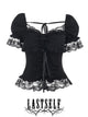 Black lace-up square-neck corset top with ruffled sleeves and lace hem