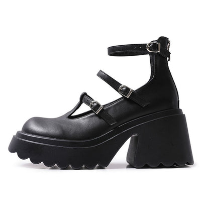 Black Mary Jane platform high heels, side profile with chunky heel and buckles