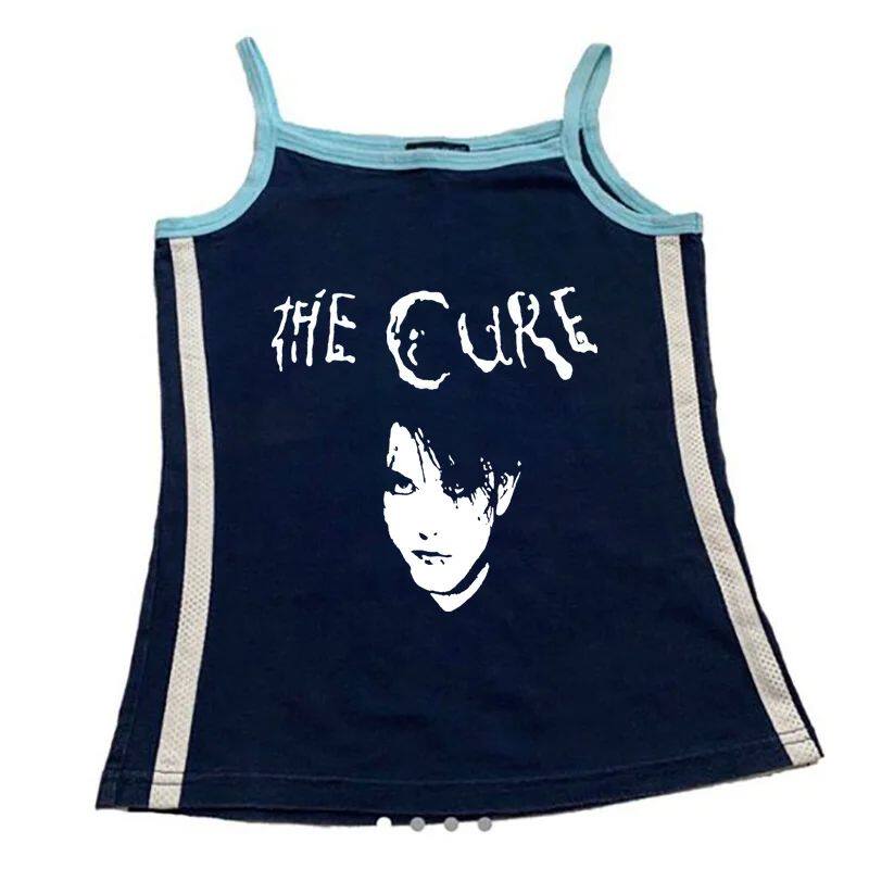 Navy sleeveless graphic cami with light blue straps, white side stripes, and band logo
