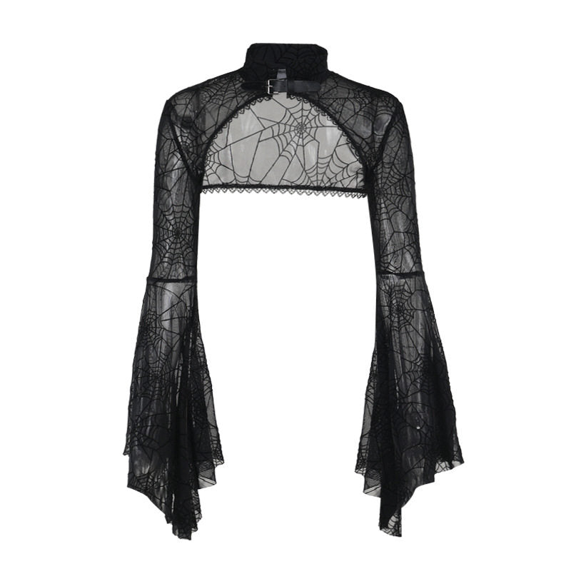 Black sheer spiderweb lace long-sleeve overlay with high collar and flared cuffs