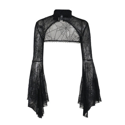 Black sheer spiderweb lace long-sleeve overlay with high collar and flared cuffs