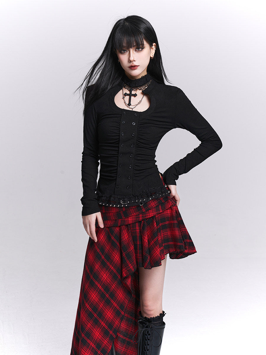 Black long-sleeved fitted top with ruched waist and button-front detail