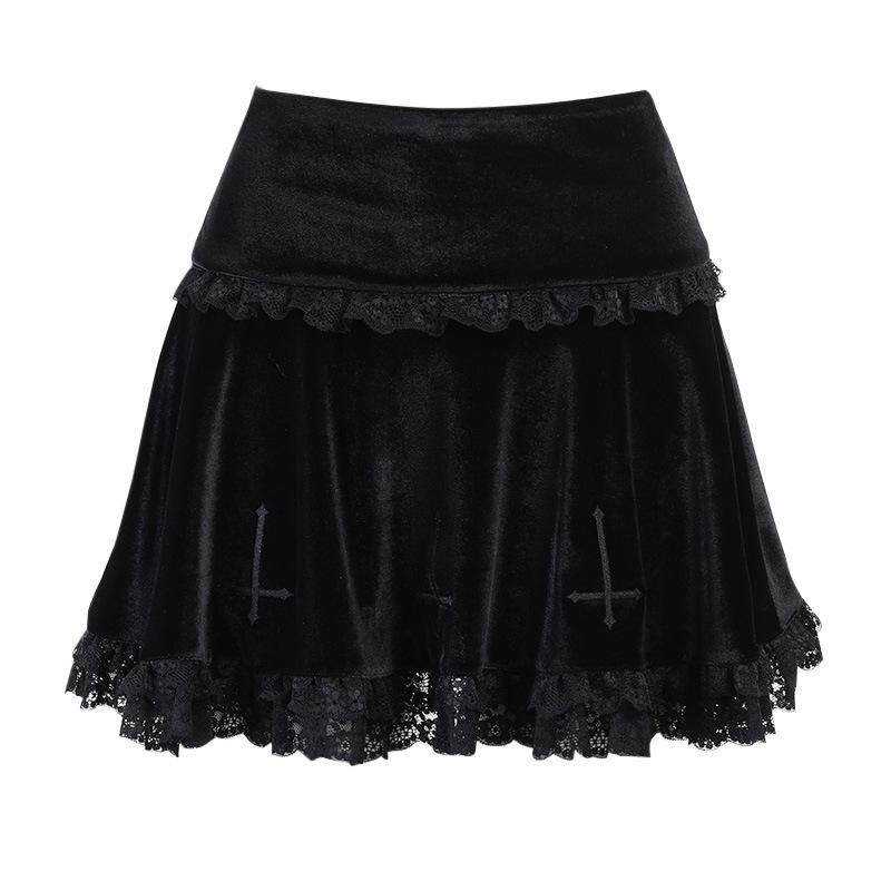 Black tiered skirt with cross embroidery, scalloped waistband, and lace edge hem