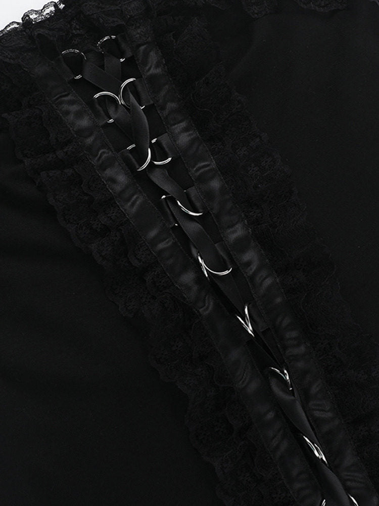 Black corset front with hook-and-ring eyelet lacing and lace panel