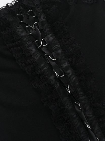 Black corset front with hook-and-ring eyelet lacing and lace panel