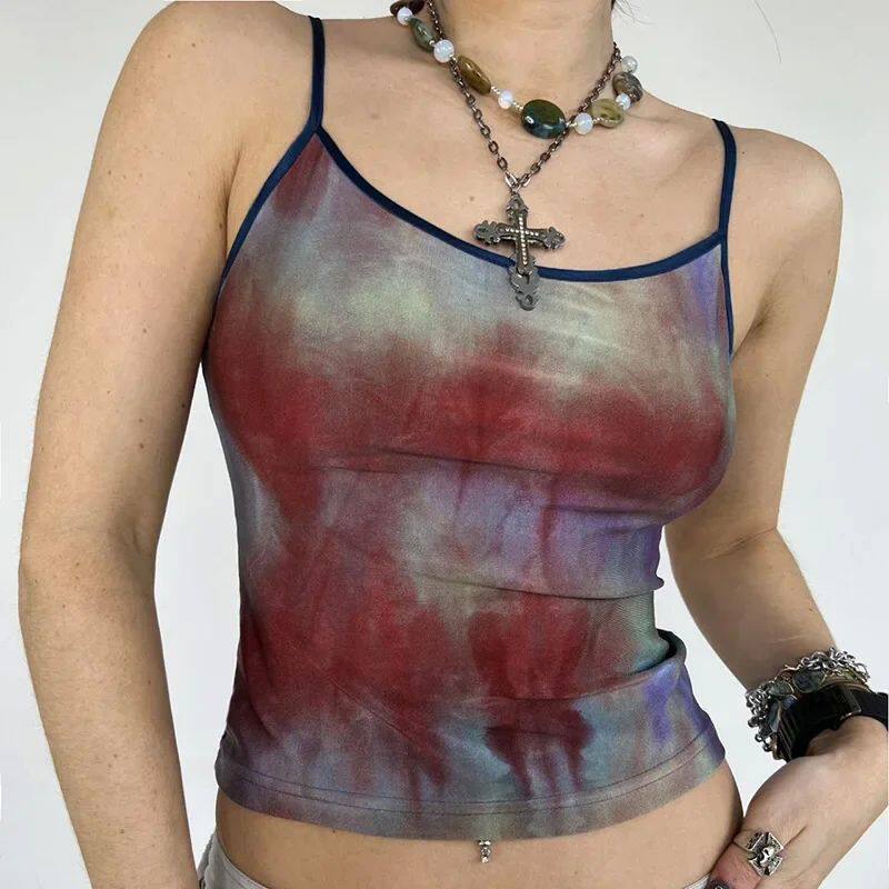 Burgundy and blue tie-dye cami top with narrow spaghetti straps